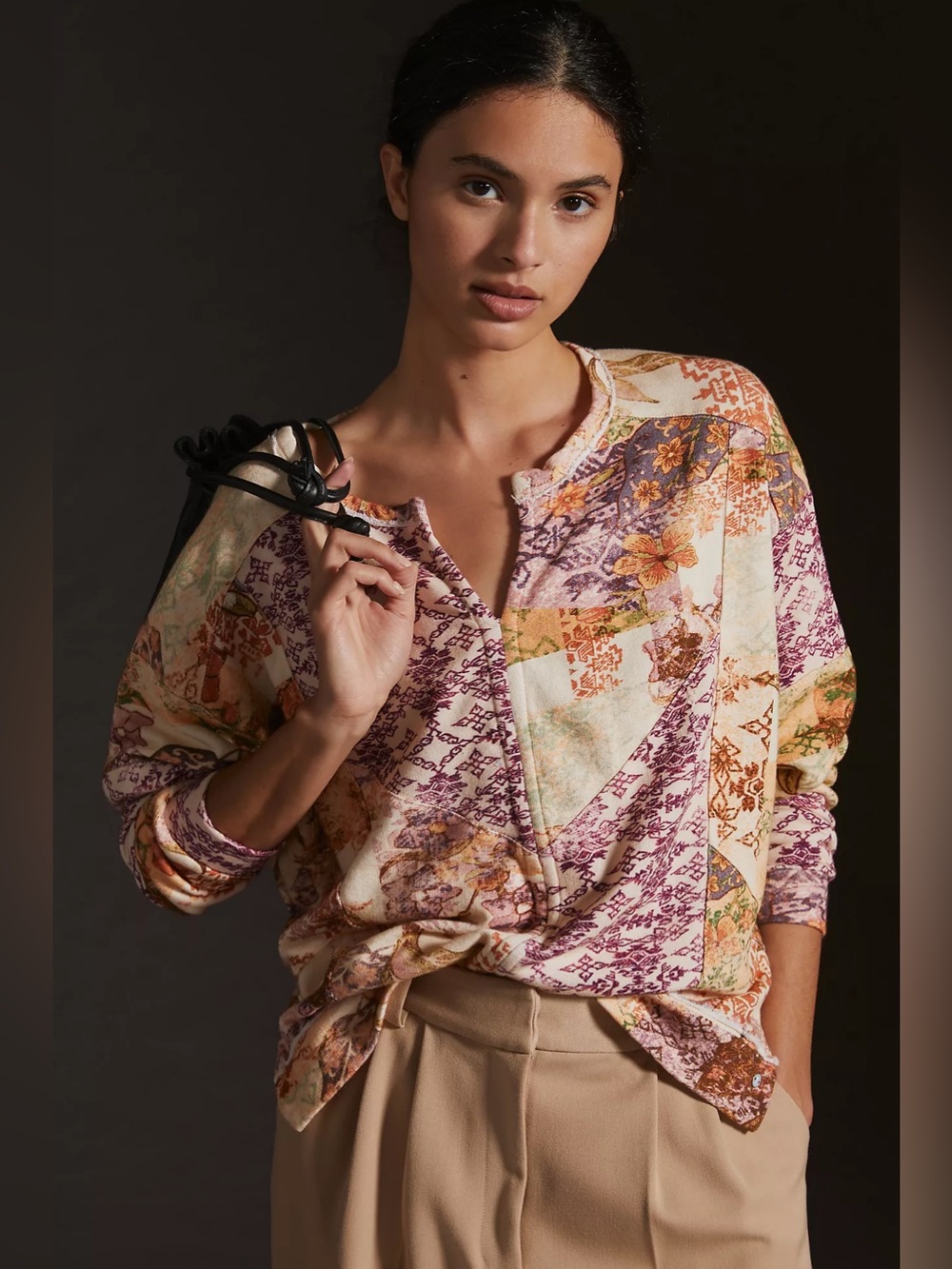 Anthropologie Pilcro Patchwork Split Neck Sweatshirt Floral Boho Casual